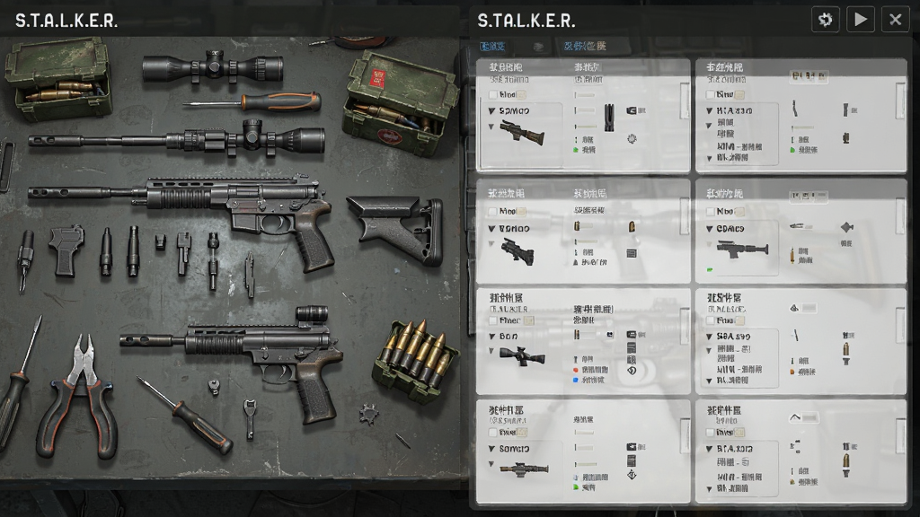 主体为S.T.A.L.K.E.R.游戏中的武器改装界面,布局为工作台展示枪械零件拆解与组装,排版采用左右分栏显示配件属性,风格为硬核军事,细节包括螺丝刀、枪管、瞄准镜、弹药盒,画质高清,干净,无多余元素。