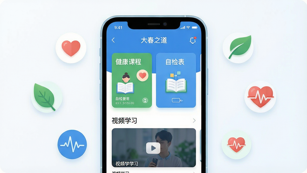 一幅展示健康学习类手机应用界面的场景图,画面中央是一部竖屏智能手机,屏幕内显示“大春之道”应用首页,包含健康课程卡片、自检表入口、视频学习模块等布局,手机周围环绕着健康主题的小图标如爱心、绿叶、脉搏线等,整体排版简洁清晰,风格为现代扁平化设计,细节上手机边框圆润、界面配色以蓝白绿为主,画质高清干净无多余元素