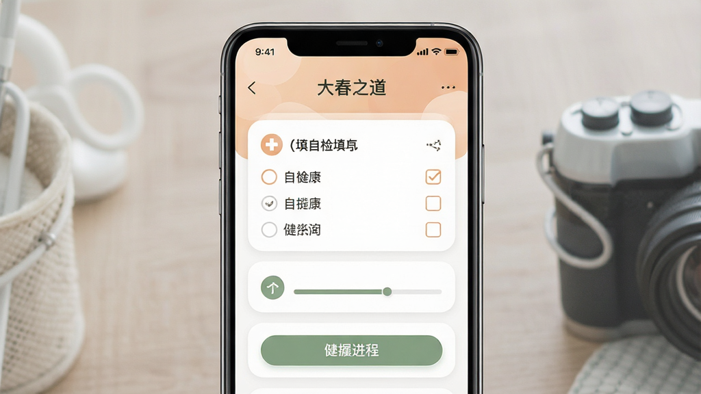 一张展示健康自检表工具界面的图片,画面中央是手机屏幕,屏幕内显示“大春之道”自检表填写页面,包含多个选择题选项、勾选框、进度指示条等交互元素,布局为清晰的分步问答形式,风格为医疗健康类应用的温和配色,细节上界面有柔和的圆角卡片和图标装饰,画质高清干净,无多余元素