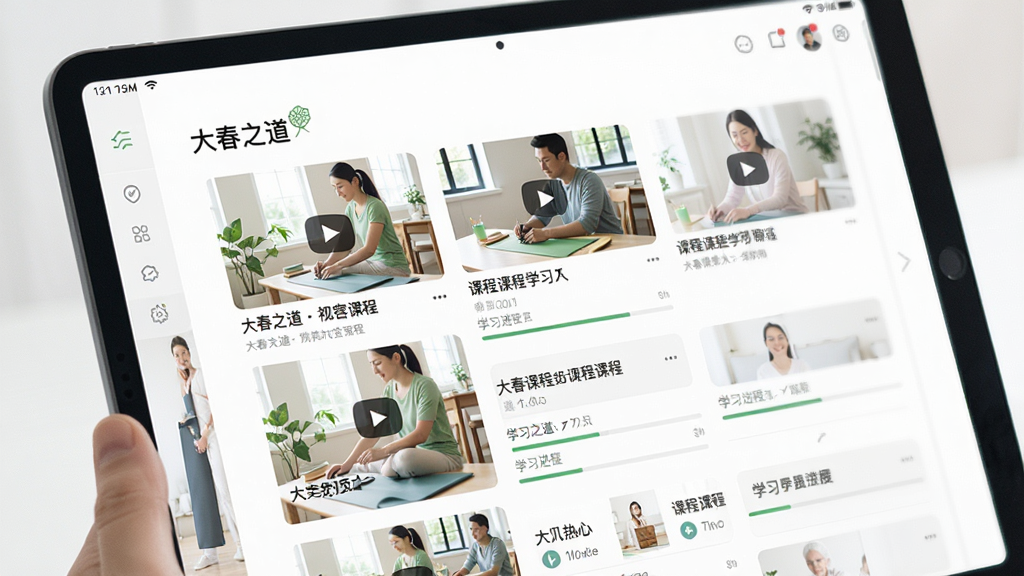 一张展示在线课程学习界面的图片,画面主体为平板电脑或手机屏幕,屏幕内呈现“大春之道”课程列表页面,包含多个视频课程缩略图、课程标题文字、学习进度条等元素,布局为纵向滚动列表,风格为清新简约的在线教育界面,细节上课程封面图以健康生活场景为主,画质清晰明亮,整体干净无杂乱元素