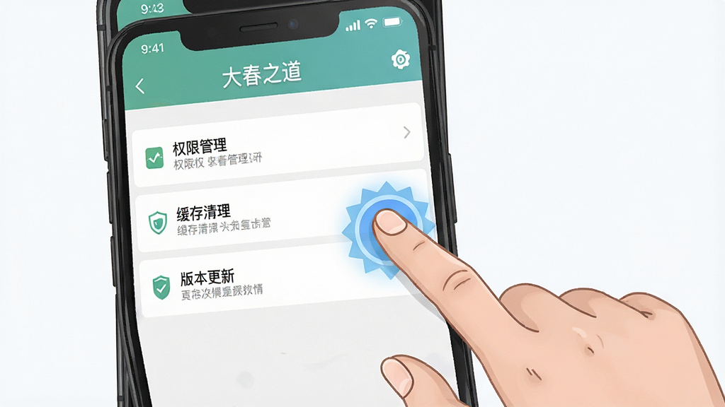 一张展示手机应用使用技巧的示意图,画面主体为一部手机和一只手正在操作屏幕,屏幕内显示“大春之道”应用设置页面,包含权限管理、缓存清理、版本更新等选项,布局为清晰的设置列表,风格为现代手机操作指南插图,细节上手指点击位置有高亮提示,画质高清干净,无多余元素