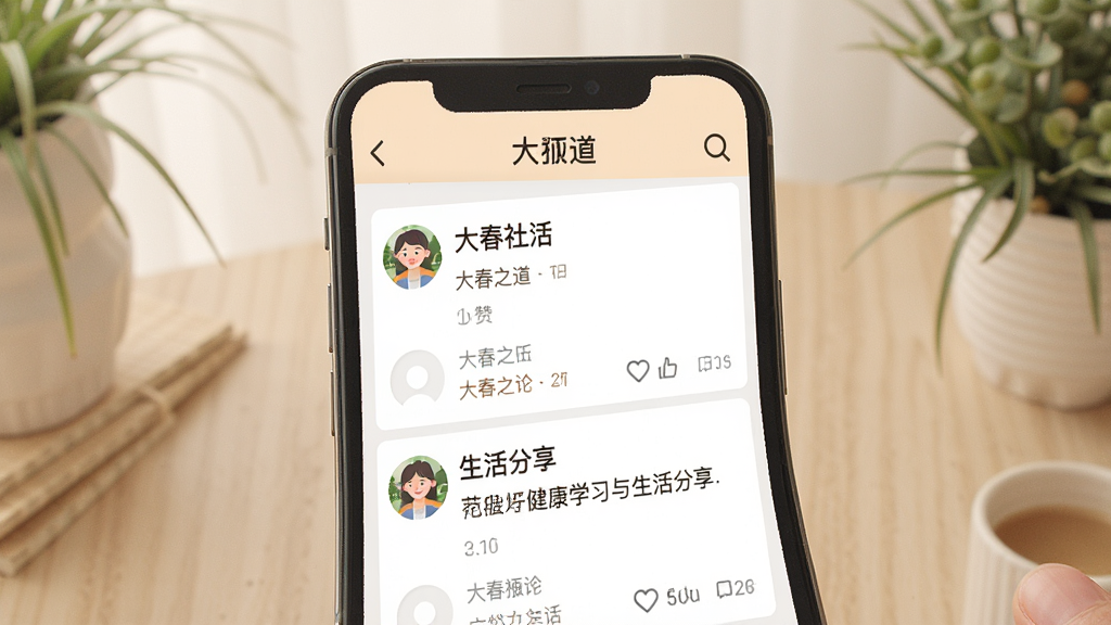 一张展示社区互动界面的图片,画面中央是手机屏幕,屏幕内显示“大春之道”社区帖子列表,包含用户头像、帖子标题、点赞评论图标等元素,布局为社交信息流形式,风格为温暖友好的社区界面,细节上帖子内容围绕健康学习与生活分享,画质清晰,整体干净无杂乱
