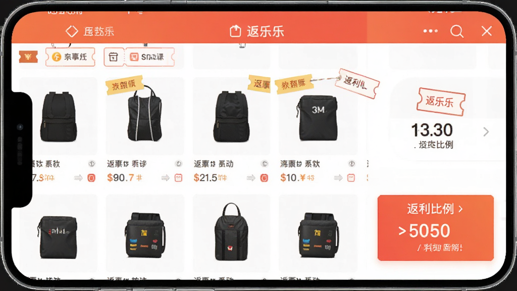 返乐乐购物返利功能界面,手机屏幕展示商品列表和返利比例标签,主体为返乐乐应用界面,布局为上下结构,排版整齐,风格清新,细节包含优惠券图标和返利数字,画质清晰,干净,无多余元素