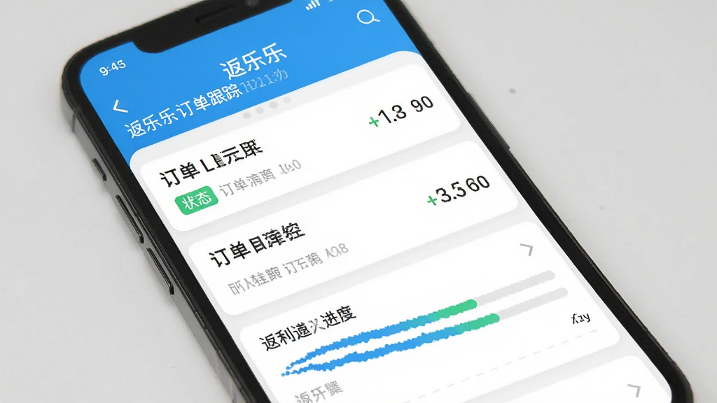 返乐乐订单跟踪页面,手机屏幕显示订单列表和返利进度条,主体为返乐乐应用界面,布局为列表式,排版清晰,风格简洁,细节包含状态标签和金额数字,画质干净,无多余元素