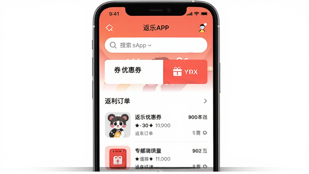 返乐乐APP主界面截图,手机屏幕中央展示返乐乐应用首页,包含搜索框、优惠券入口、返利订单列表,布局清晰,排版整洁,风格现代简约,细节包含图标和文字标签,画质高清,干净,无多余元素