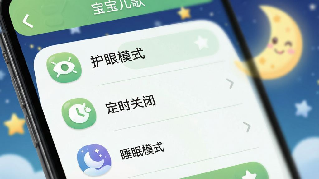 一张手机界面的局部特写,展示“宝宝儿歌”APP的设置菜单,菜单项包括“护眼模式”、“定时关闭”、“睡眠模式”等,界面采用圆润的图标和柔和的绿色调,背景是模糊的卡通月亮和星星图案,画面清晰,无杂乱元素,突出功能按钮。
