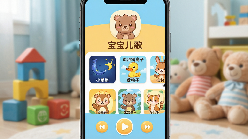 一张温馨明亮的手机屏幕特写,画面中央是“宝宝儿歌”应用程序的界面,界面设计色彩柔和,以天蓝色和暖黄色为主调,上方有可爱的卡通小熊图标,中间排列着《小星星》、《数鸭子》等儿歌专辑封面,封面插图是卡通风格的小动物,下方有播放控制按钮,背景是虚化的儿童房场景,有积木和毛绒玩具,整体风格卡通可爱,画质清晰,干净整洁,无多余元素,适合作为软件宣传图。