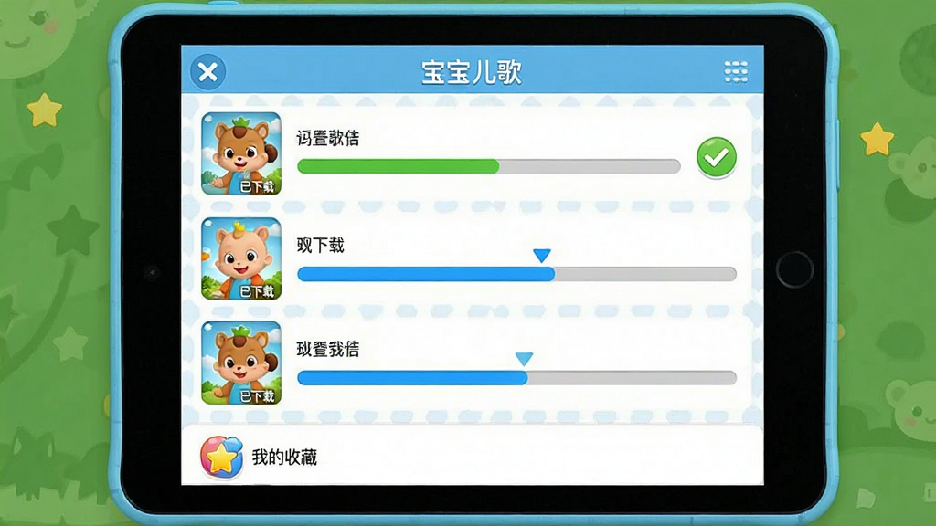 一个儿童平板电脑的屏幕截图,展示“宝宝儿歌”APP的下载管理页面,页面中有多个歌曲专辑的下载进度条,有的显示“已下载”并带有绿色勾选标志,有的正在下载中显示为蓝色进度条,界面下方有“我的收藏”图标,整体布局清晰,画质干净,无多余元素。