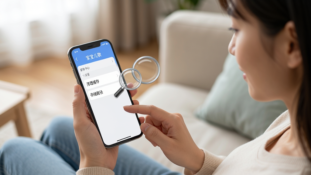 一位年轻家长坐在沙发上,手持手机正在操作“宝宝儿歌”APP,手机屏幕显示家长中心的设置界面,旁边有一个放大镜图标指向“清理缓存”和“存储路径”选项,画面风格写实,光线柔和,画质清晰,突出手机屏幕内容,无杂乱背景。