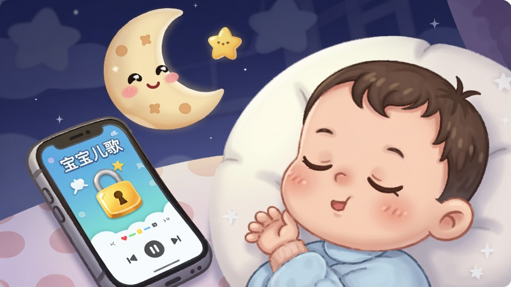 一个微笑的卡通月亮和星星守护着一个正在熟睡的婴儿,婴儿旁边放着一个手机,手机屏幕上显示“宝宝儿歌”的播放界面和一把金色的锁图标,画面风格温馨安宁,色彩柔和,画质干净,无多余元素。