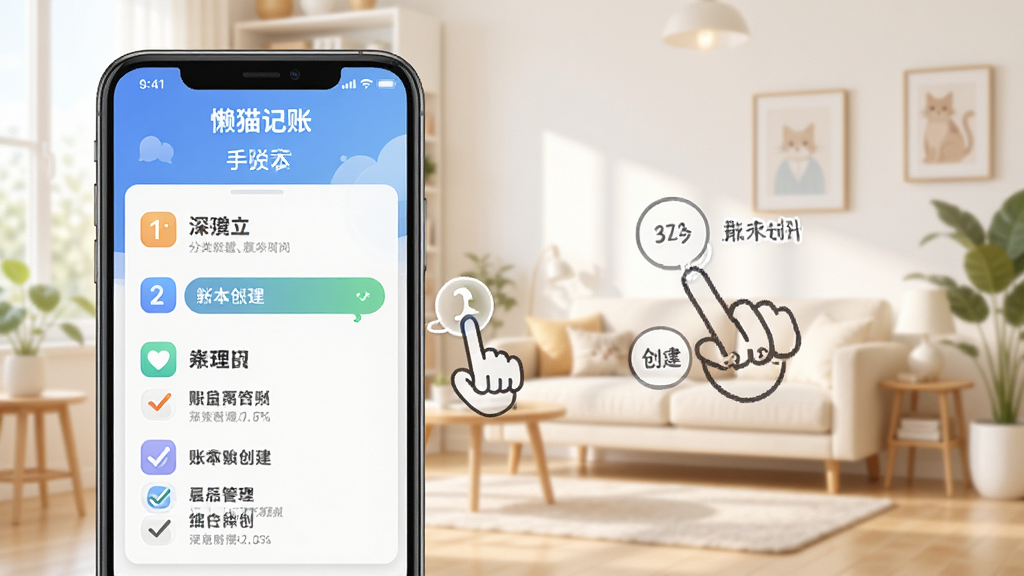 懒猫记账新手设置引导界面,手机屏幕显示分类管理和账本创建步骤,旁边有手指引导动画,背景为明亮的室内环境,风格为教程示意图,细节包括步骤编号和图标提示,画质高清,干净,无多余元素