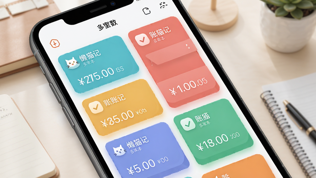懒猫记账多账本管理界面截图,手机屏幕显示多个彩色账本卡片,每个卡片上有账本名称和金额汇总,背景为淡雅的书桌场景,风格为UI展示图,细节包括卡片阴影、图标和数字排版,画质高清,干净,无多余元素