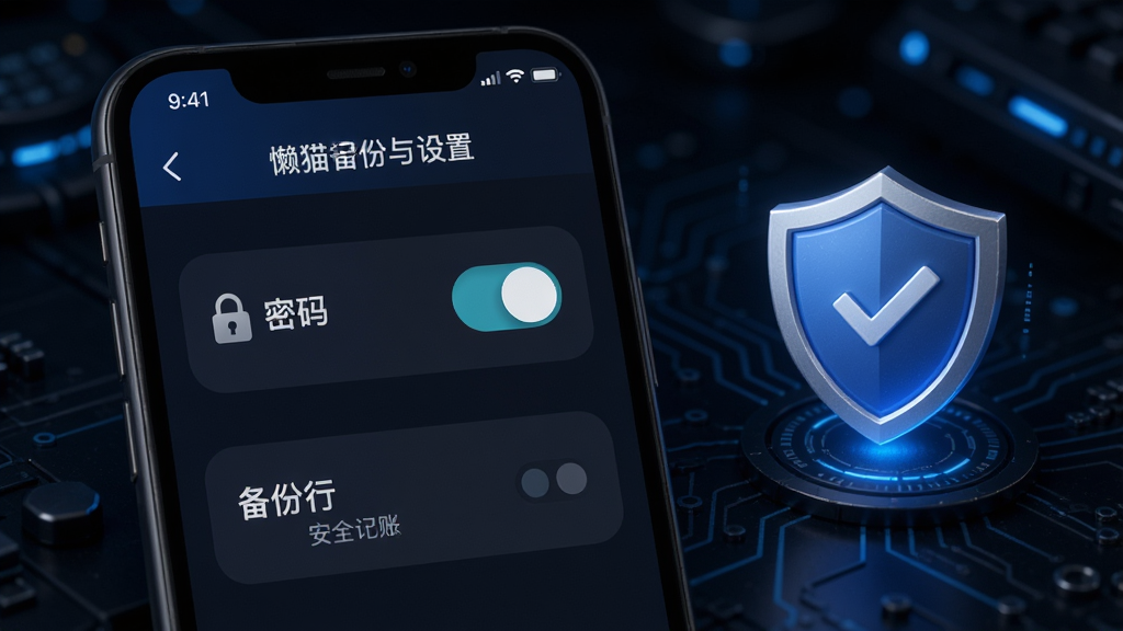 懒猫记账数据备份与安全设置界面,手机屏幕显示密码锁开关和备份选项,旁边有盾牌图标象征安全,背景为深色科技感环境,风格为安全功能展示图,细节包括开关按钮和文字说明清晰,画质高清,干净,无多余元素