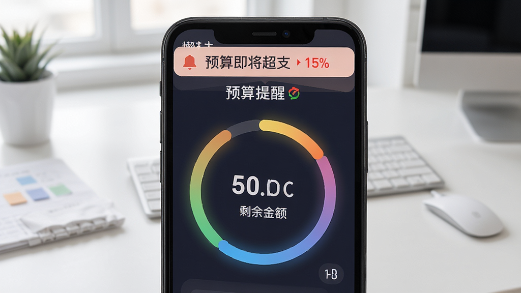 懒猫记账预算提醒功能界面,手机屏幕显示环形预算进度图和剩余金额,顶部有通知横幅提示预算即将超支,背景为简洁的办公桌面,风格为功能演示图,细节包括环形图颜色渐变和数字清晰可见,画质高清,干净,无多余元素