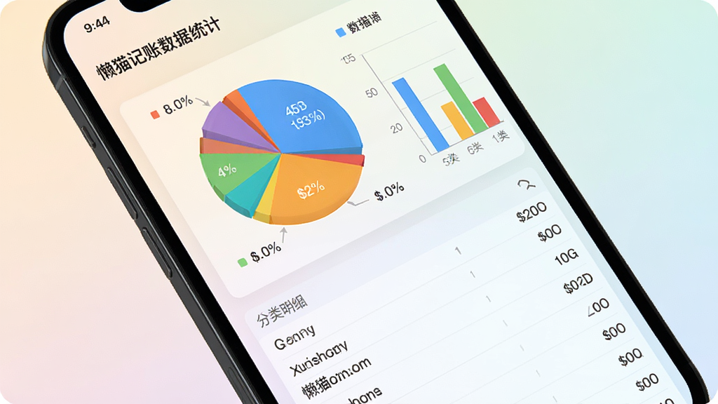 懒猫记账数据统计页面,手机屏幕显示彩色饼图和柱状图,图表下方有分类明细列表,背景为柔和的浅色渐变,风格为数据可视化展示,细节包括图表标注清晰、颜色区分明显,画质高清,干净,无多余元素