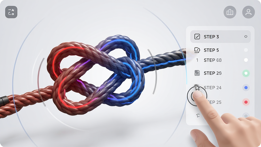 一张3D绳结应用的功能演示图,画面中一个立体绳结模型正在被虚拟手指旋转,绳索的缠绕路径用红蓝渐变色标注,背景是干净的浅灰色渐变,屏幕右侧显示步骤列表和进度圆点,风格为科技感UI展示,细节包括手指触控光标、绳索高光、界面图标,画质高清,干净,无多余元素
