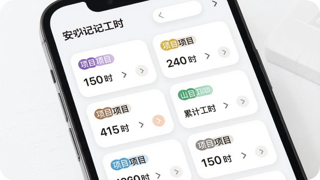 AI生图,画面展示“安心记工时”软件的多项目切换界面,主体为手机屏幕上的多个项目卡片列表,每张卡片显示项目名称和累计工时,布局为网格状排列,风格为柔和圆角卡片风,细节包括不同颜色的项目标签和切换箭头图标,画质高清,干净,无多余元素