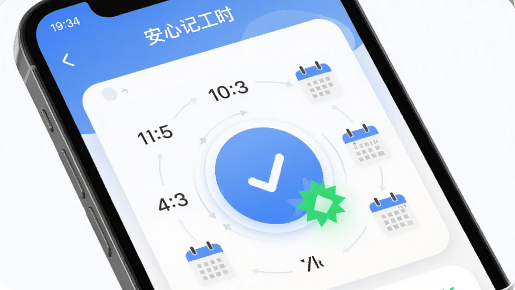 AI生图,画面展示“安心记工时”软件中的智能打卡界面,主体为手机屏幕特写,屏幕上有一个醒目的圆形打卡按钮,周围环绕着时间数字和日历图标,布局为居中构图,风格为现代简约扁平化,细节包括打卡成功的绿色对勾动画效果,画质高清,干净,无多余元素