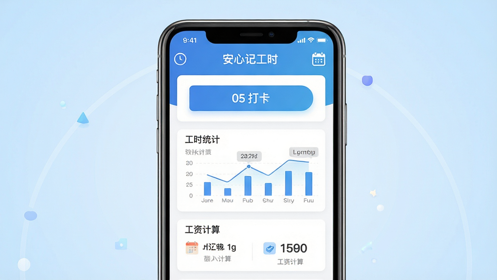 软件核心全貌展示图,画面中央放置一部智能手机,手机屏幕上显示“安心记工时”应用主界面,界面包含打卡按钮、工时统计图表、工资计算模块,背景为干净的浅蓝色渐变,排版居中对称,风格为扁平化科技风,细节包括清晰的数字时钟图标和日历标记,画质高清,干净,无多余元素