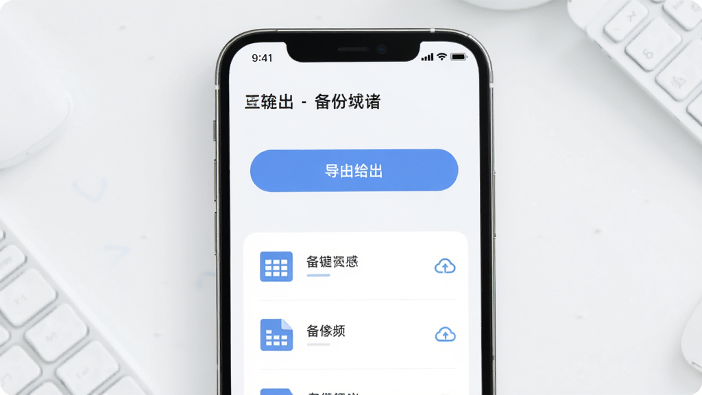 AI生图,画面展示“安心记工时”软件的数据导出与备份功能界面,主体为手机屏幕上的导出按钮和文件列表,布局为纵向排列,风格为极简浅色风,细节包括表格文件图标和云备份标识,画质高清,干净,无多余元素