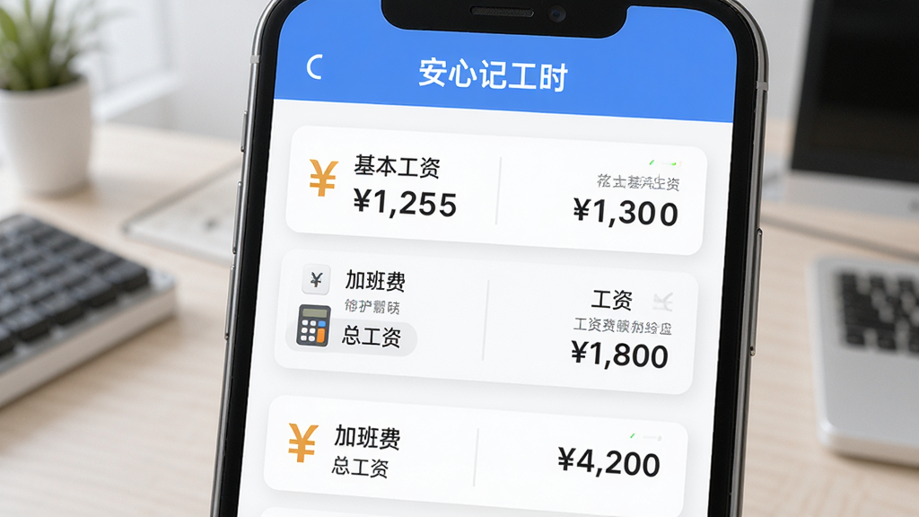 AI生图,画面展示“安心记工时”软件的工资核算页面,主体为手机屏幕上的工资明细列表,包含基本工资、加班费、总工资等数字,布局为上下排列的卡片式设计,风格为清新商务风,细节包括人民币符号和计算器图标,画质高清,干净,无多余元素