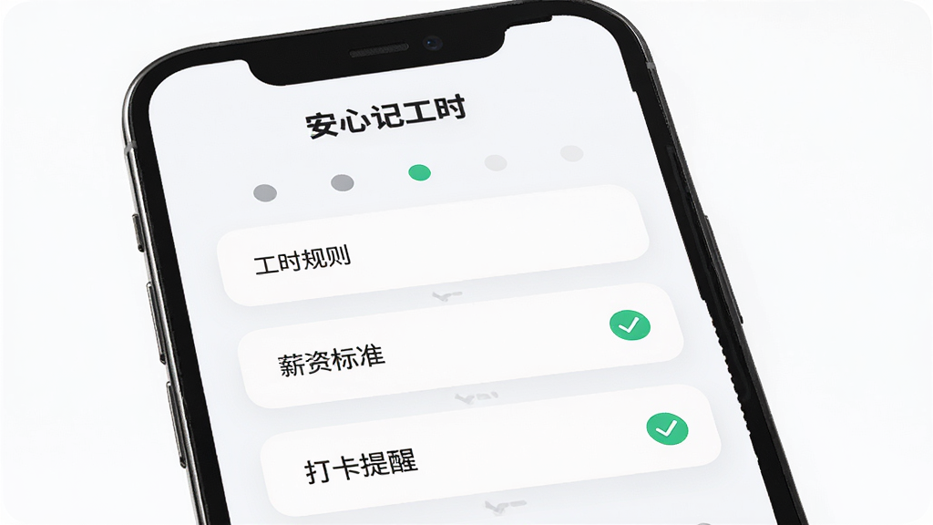 AI生图,画面展示“安心记工时”软件的新手设置引导页面,主体为手机屏幕上的设置向导步骤条,包含工时规则、薪资标准、打卡提醒等选项,布局为纵向步骤式排列,风格为友好引导风,细节包括进度指示圆点和勾选标记,画质高清,干净,无多余元素