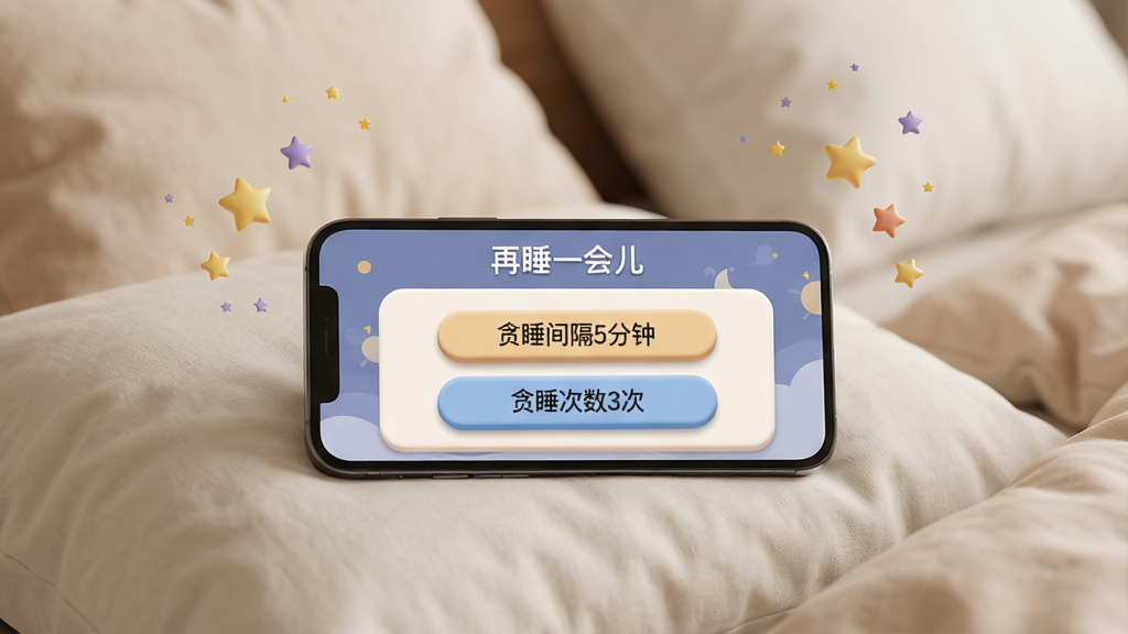 一张起床闹钟准点报贪睡功能界面的展示图,画面主体是一部手机横放在枕头上,手机屏幕显示起床闹钟准点报的贪睡设置面板,面板中有