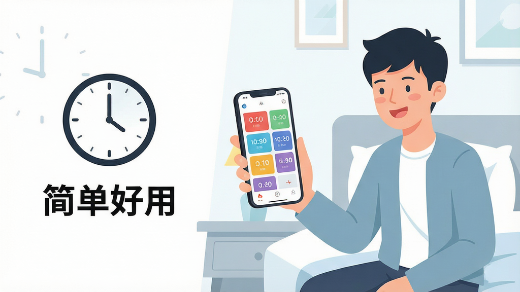 一张起床闹钟准点报简洁易用特点的展示图,画面主体是一位年轻人坐在床边手持手机操作起床闹钟准点报App,手机屏幕显示简洁的闹钟列表界面,有多个彩色时间卡片,人物表情轻松愉悦,背景是明亮整洁的卧室,布局上人物位于画面右侧,左侧留白处有简约的时钟图标和