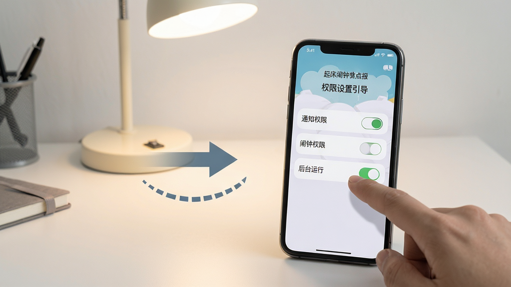 一张起床闹钟准点报使用指南场景图,画面主体是一部手机放在书桌上,手机屏幕显示起床闹钟准点报的权限设置引导页面,页面中有