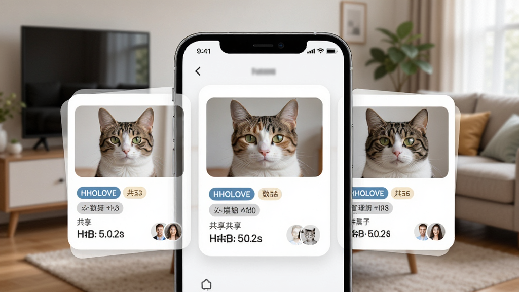 HHOLOVE多宠管理界面与家庭共享功能展示图,画面主体为手机屏幕显示三只不同品种猫咪的档案卡片,背景为家庭客厅场景,布局采用层叠式卡片布局,风格为清新简约风,细节包含猫咪头像、数据标签、共享成员图标,画质高清,干净,无多余元素