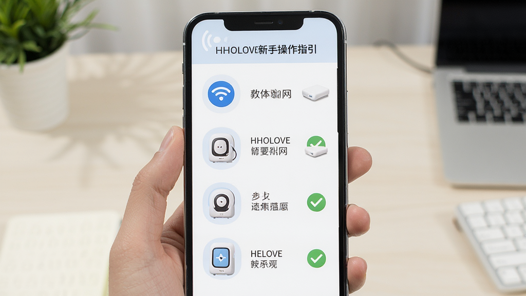 HHOLOVE新手操作指引图示,画面主体为手机屏幕显示分步配网教程,背景为简洁的桌面环境,布局采用步骤式纵向排列,风格为扁平化教学风,细节包含Wi-Fi图标、设备示意图、打勾标记,画质高清,干净,无多余元素