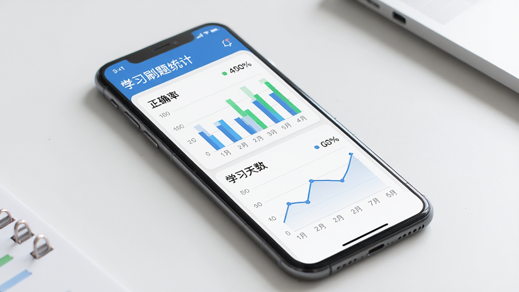 考霸刷题宝 手机屏幕展示学习数据统计图表 主体是智能手机 屏幕内呈现柱状图和折线图 布局为数据面板 排版简洁 风格商务数据风 细节包括正确率百分比和学习天数统计 画质高清 干净 无多余元素