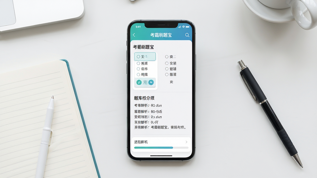 考霸刷题宝 手机屏幕显示题库练习界面 背景是整洁的书桌 主体是一台竖屏智能手机 屏幕内展示选择题和解析 周围摆放笔记本和笔 布局居中 排版简洁 风格清新教育风 细节包括题库分类图标和进度条 画质高清 干净 无多余元素