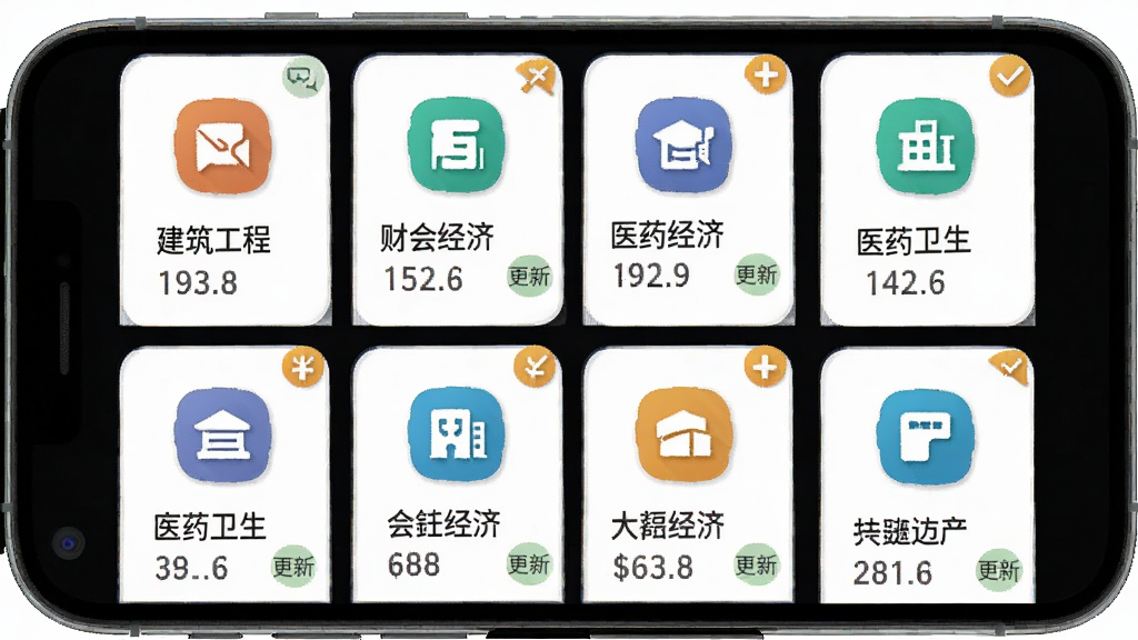 考霸刷题宝 手机界面展示多类别题库列表 主体是智能手机 屏幕内呈现建筑工程、财会经济、医药卫生等分类图标 布局为网格排列 排版整齐 风格现代简约 细节包括每个分类的题目数量和更新标识 画质高清 干净 无多余元素