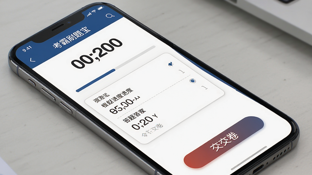 考霸刷题宝 手机屏幕显示模拟考试倒计时和答题卡 主体是智能手机 屏幕内呈现考试界面和计时器 布局为全屏答题模式 排版规范 风格严肃考试风 细节包括答题进度条和交卷按钮 画质高清 干净 无多余元素