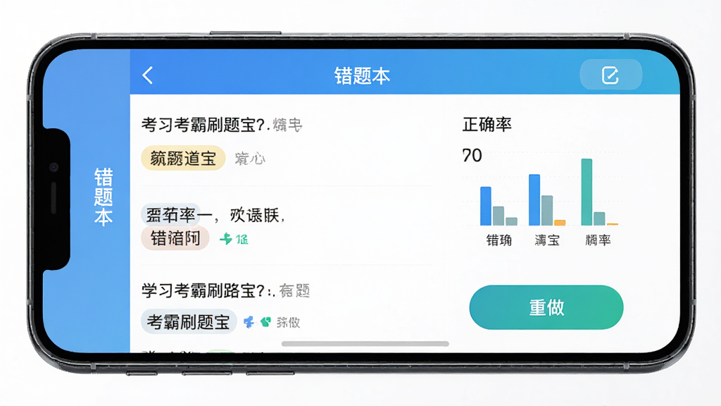 考霸刷题宝 手机屏幕展示错题本界面 主体是智能手机 屏幕内呈现错题列表和重做按钮 布局为上下结构 排版清晰 风格学习工具风 细节包括错题标签和正确率统计图表 画质高清 干净 无多余元素