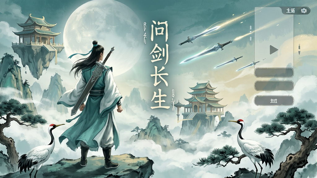 一幅仙侠风格的游戏场景插画,画面中央是一位身着青白色道袍的修士背剑而立,脚下是云雾缭绕的群山与悬浮的仙宫楼阁,远处有飞剑划破长空留下流光轨迹,近景有灵鹤与古松点缀,整体采用水墨与厚涂结合的国风美术风格,色调以青绿、月白、淡金为主,光影柔和通透,画面中悬浮“问剑长生”四个古篆字体,布局上主体人物居左,右侧留白处呈现游戏主界面按钮轮廓,画质细腻,干净无多余元素