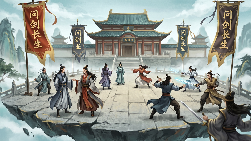 仙侠社交场景插画,画面展示多位修士聚集在悬浮的宗门广场上,有的在交谈,有的在切磋剑法,背景是宏伟的宫殿与飘扬的宗门旗帜,旗帜上写有“问剑长生”,风格为国风群像插画,色调以青灰、朱红、金色为主,画质清晰,构图饱满,干净无多余元素