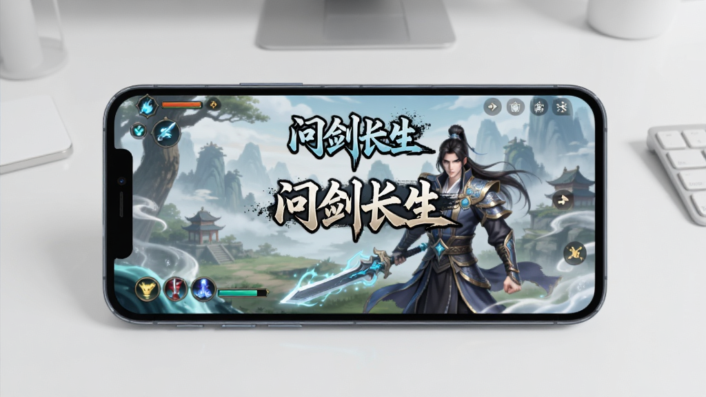 问剑长生手机游戏运行界面截图,画面展示一部智能手机横屏显示游戏主界面,屏幕中有仙侠角色与“问剑长生”游戏LOGO,背景是简洁的桌面环境,风格为产品展示图,色调以白色、浅灰、青蓝为主,画质清晰,构图居中,干净无多余元素