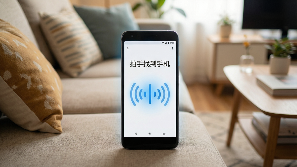 一张展示“拍手找到手机”软件核心功能的场景图。画面主体是一部亮屏的安卓手机放在客厅沙发上,屏幕显示软件界面,有“拍手找到手机”文字和声波图标。布局为手机居中,周围有沙发、抱枕、茶几等家居元素。排版采用横向构图,风格为温馨写实的家居摄影风。细节包括手机屏幕发出柔和的光,声波图标以蓝色高亮显示,背景虚化突出手机。画质要求高清、干净、无多余元素,整体明亮清晰。