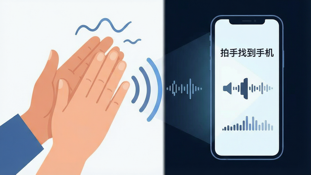 一张展示“拍手找到手机”声音触发功能的示意图。画面主体是一双手正在拍手,旁边是一部手机屏幕亮起并显示声波接收动画。布局为左右结构,左手拍手动作,右侧手机响应。排版简洁,风格为扁平化科技插画。细节包括声波从手部传向手机,手机屏幕显示“拍手找到手机”文字和音量条。画质高清,干净,无多余元素。