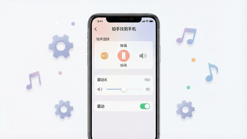一张展示“拍手找到手机”自定义设置界面的示意图。画面主体是一部手机屏幕,显示软件设置页面,有铃声选择、音量滑块、震动开关等选项。布局为手机竖屏居中,周围有齿轮和音符图标装饰。排版清晰,风格为现代UI设计风。细节包括设置项标签文字“拍手找到手机”,屏幕色彩柔和。画质高清,干净,无多余元素。
