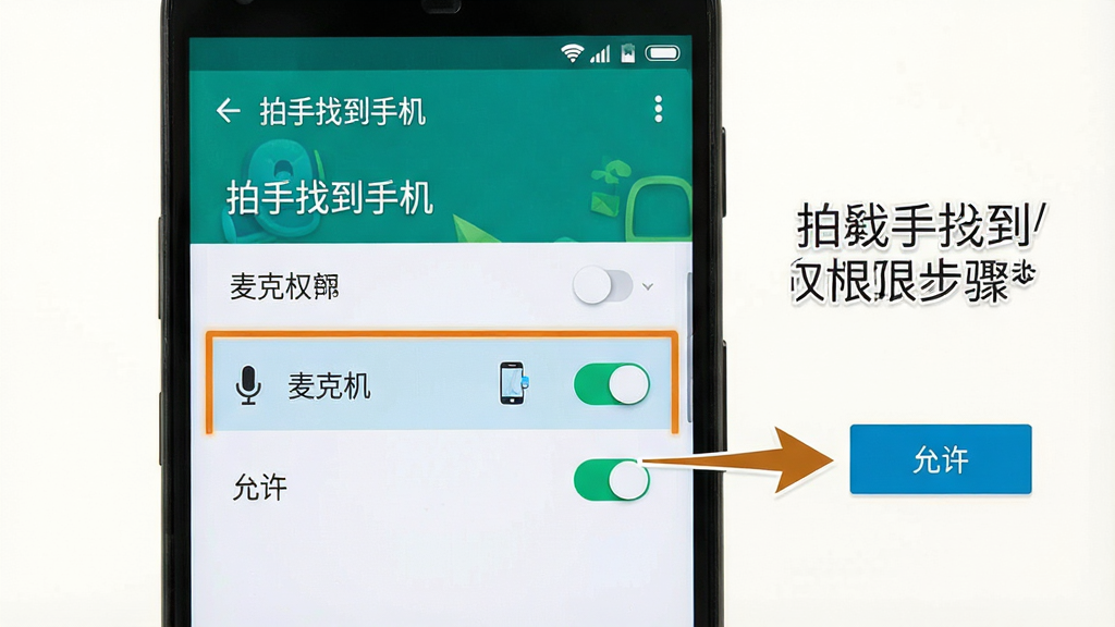 一张展示“拍手找到手机”权限设置步骤的示意图。画面主体是一部安卓手机屏幕,显示权限管理页面,麦克风权限被高亮标注。布局为手机竖屏,旁边有箭头指向“允许”按钮。排版简洁,风格为教程截图风。细节包括文字“拍手找到手机”和权限开关。画质高清,干净,无多余元素。