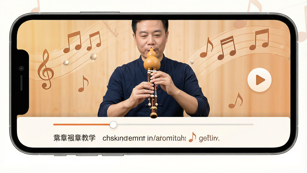 一张展示葫芦丝APP视频教学界面的图片,手机屏幕中显示一位老师正在吹奏葫芦丝的教学画面,下方有进度条与章节列表,画面中有音符与播放按钮图标点缀,布局清晰,风格温暖柔和,细节丰富,画质高清,干净无多余元素