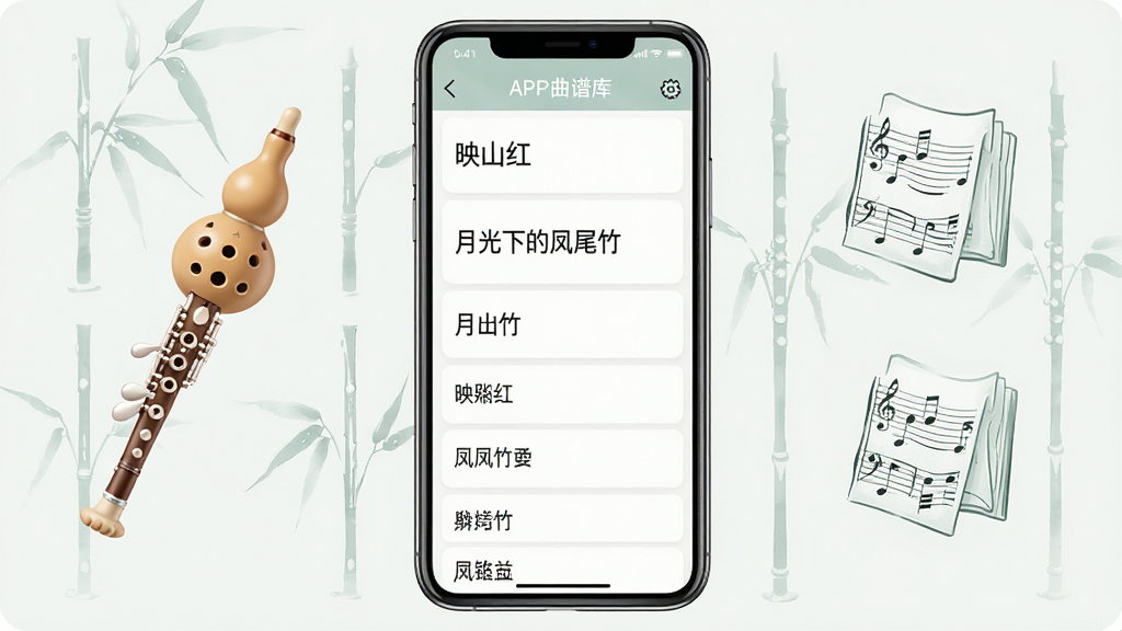 一张展示葫芦丝APP曲谱库界面的图片,手机屏幕中显示多首曲谱名称列表,如映山红、月光下的凤尾竹等,画面中有葫芦丝乐器与乐谱图标作为装饰,布局整齐,风格清新素雅,细节清晰,画质高清,干净无多余元素