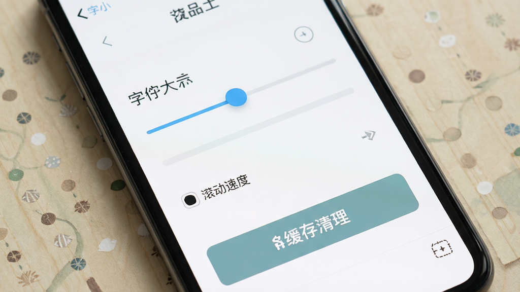 一张展示手机端葫芦丝APP设置界面的图片,屏幕中显示字体大小调节滑块、滚动速度选项与缓存清理按钮,画面简洁明了,风格清爽素雅,细节清晰,画质高清,干净无多余元素
