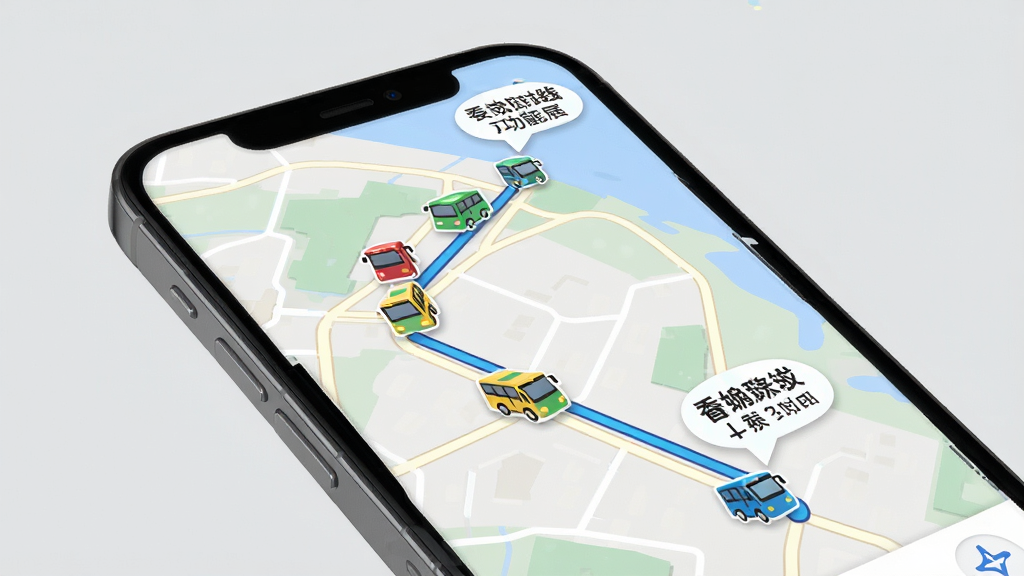 公交实时路线查功能展示图,主体为手机屏幕特写,屏幕中显示地图上多个公交车图标沿路线移动,布局为手机倾斜展示,背景为浅灰色纯色,风格为简洁UI风格,细节包括车辆图标、路线连线、站点气泡,画质高清,无杂乱元素。