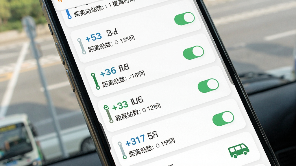 公交实时路线查多线路管理界面,主体为手机屏幕,屏幕中显示多条收藏线路卡片列表,布局为纵向排列,背景为白色,风格为清新卡片式设计,细节包括线路编号、距离站数、预计时间、提醒开关图标,画质干净清晰,无多余装饰。