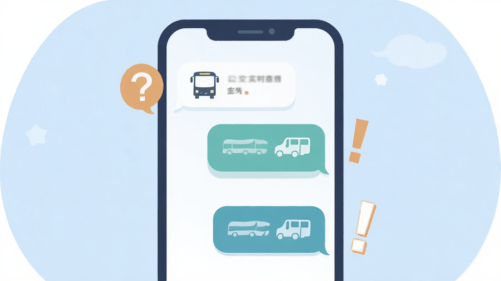 公交实时路线查用户问答场景图,主体为手机屏幕显示问答对话框,布局为居中,背景为柔和浅蓝色,风格为扁平插画风,细节包括对话气泡、公交图标、问号与感叹号元素,画质清晰,无多余元素。