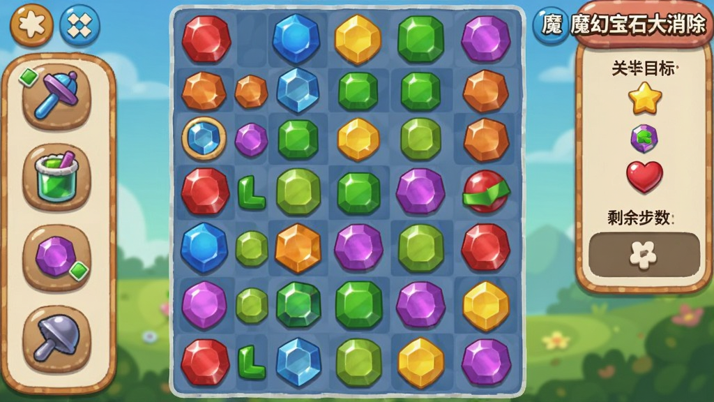 游戏界面截图风格,画面中显示三消棋盘,棋盘上分布着红蓝绿黄紫五色宝石,左侧有道具栏,右侧显示关卡目标与剩余步数,整体风格卡通休闲,画质清晰,干净无多余元素,画面中带有文字“魔幻宝石大消除”